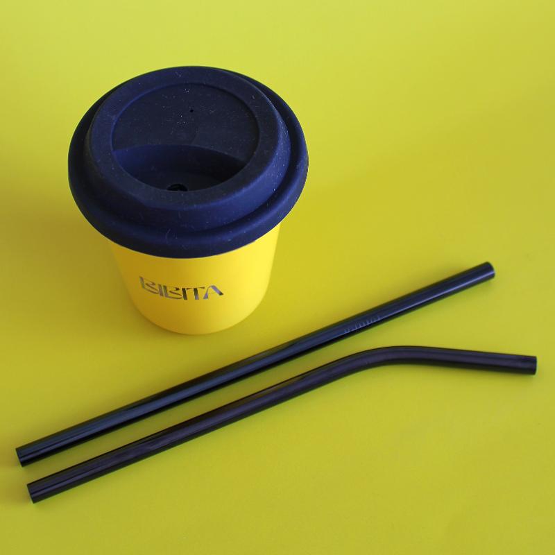 BIBITA | Large Double Wall Stainless Steel Reusable Cup | Sunshine Yellow | Straw Lid (Black) & Black Straws