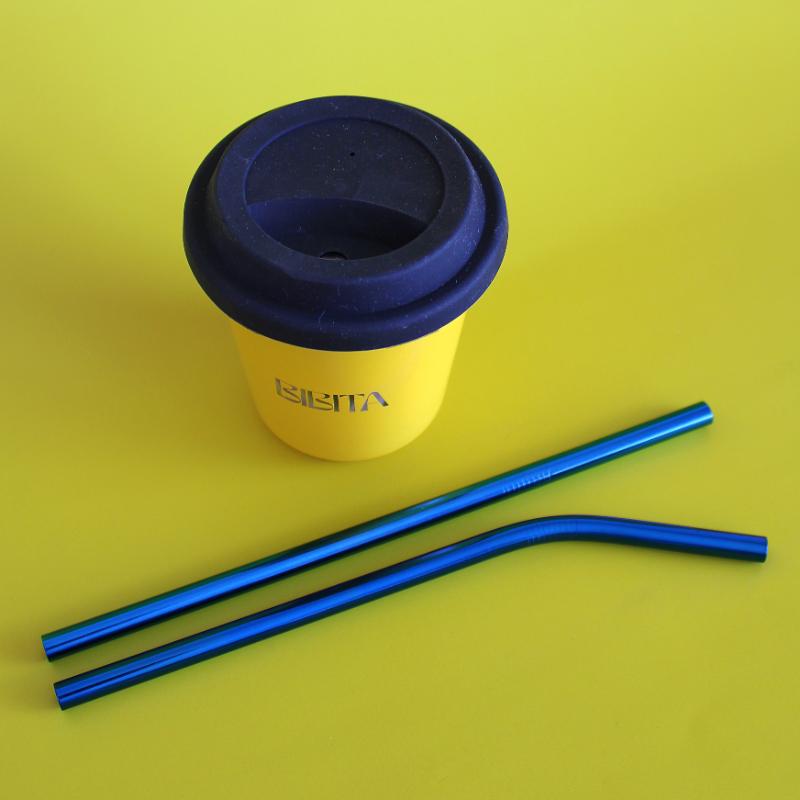 BIBITA | Large Double Wall Stainless Steel Reusable Cup | Sunshine Yellow | Straw Lid (Black) & Blue Straws