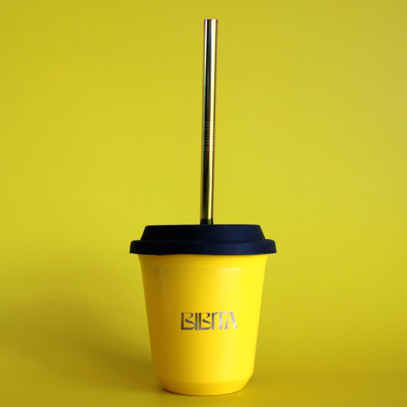 BIBITA | Large Double Wall Stainless Steel Reusable Cup | Sunshine Yellow | Straw Lid (Black) & Straws