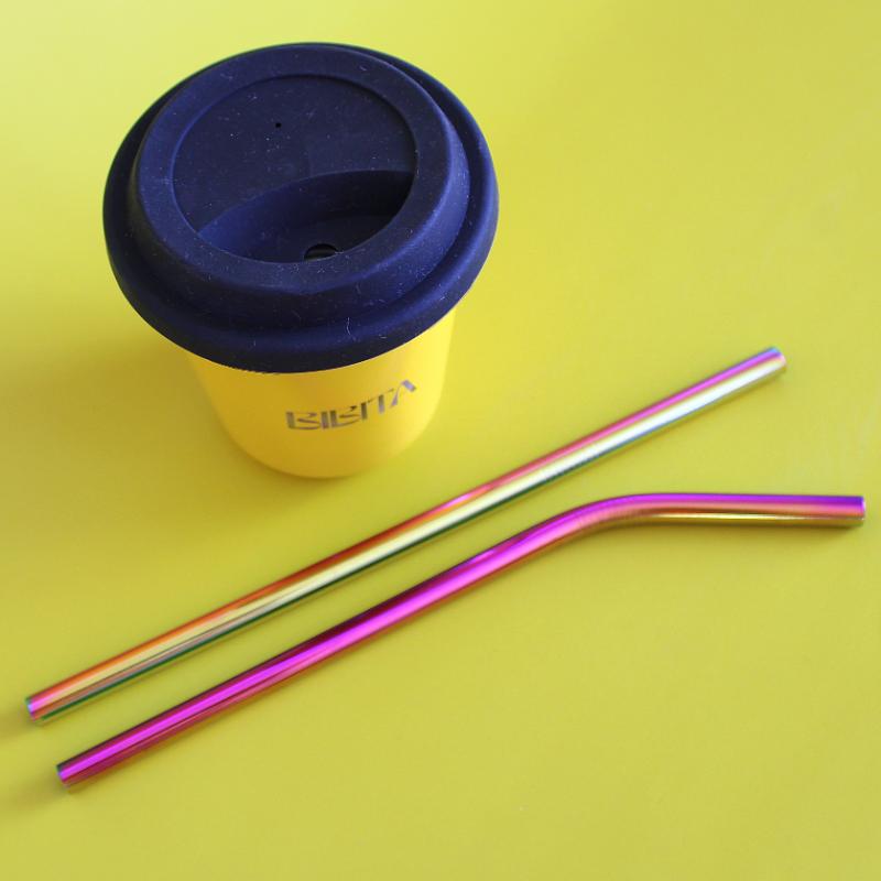 BIBITA | Large Double Wall Stainless Steel Reusable Cup | Sunshine Yellow | Straw Lid (Black) & Rainbow Straws