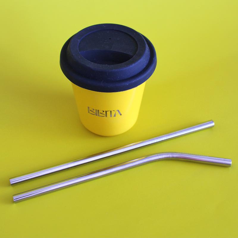 BIBITA | Large Double Wall Stainless Steel Reusable Cup | Sunshine Yellow | Straw Lid (Black) & Silver Straws