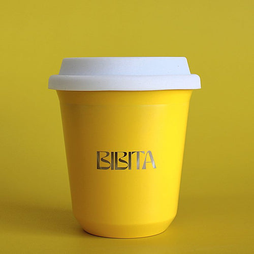 BIBITA | Large Double Wall Stainless Steel Reusable Cup | Sunshine Yellow | Standard Lid (White)