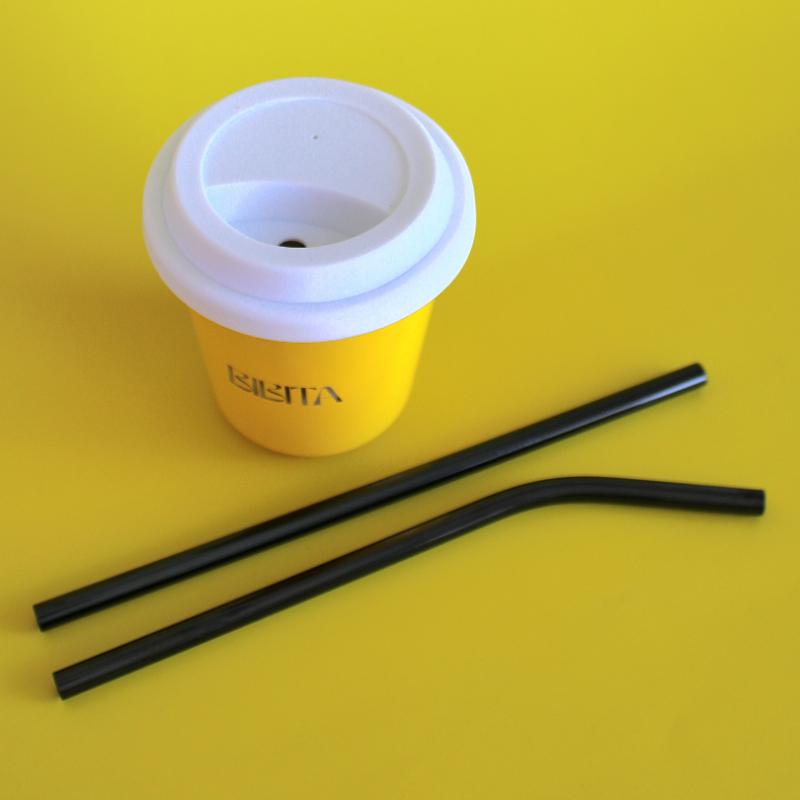 BIBITA | Large Double Wall Stainless Steel Reusable Cup | Sunshine Yellow | Straw Lid (White) & Black Straws