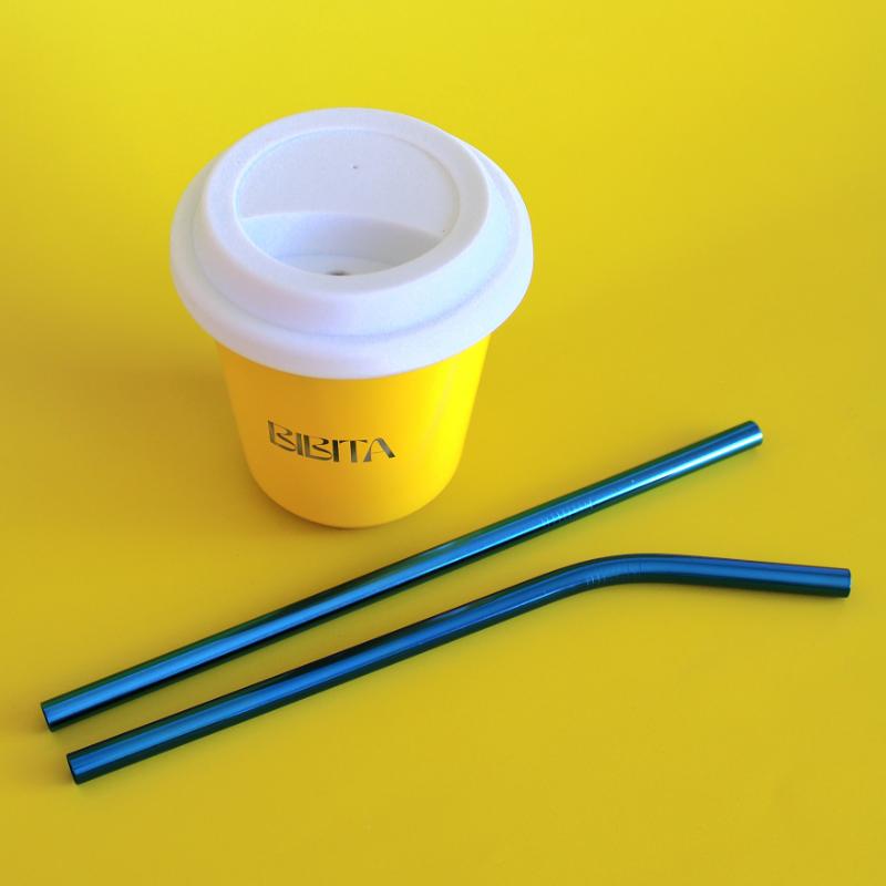 BIBITA | Large Double Wall Stainless Steel Reusable Cup | Sunshine Yellow | Straw Lid (White) & Blue Straws