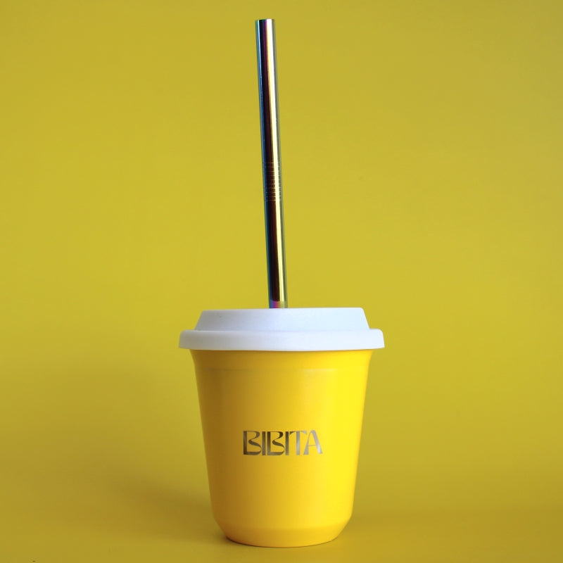 BIBITA | Large Double Wall Stainless Steel Reusable Cup | Sunshine Yellow | Straw Lid (White) & Straws