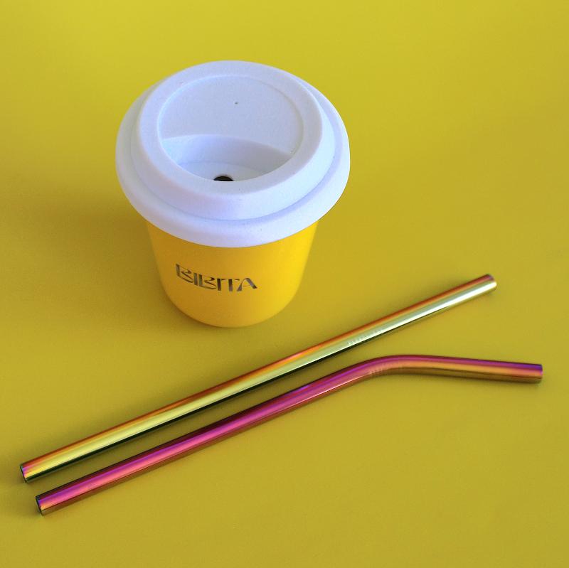 BIBITA | Large Double Wall Stainless Steel Reusable Cup | Sunshine Yellow | Straw Lid (White) & Rainbow Straws