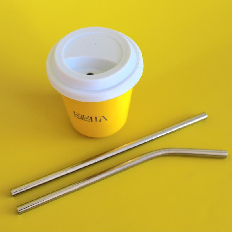 BIBITA | Large Double Wall Stainless Steel Reusable Cup | Sunshine Yellow | Straw Lid (White) & Silver Straws