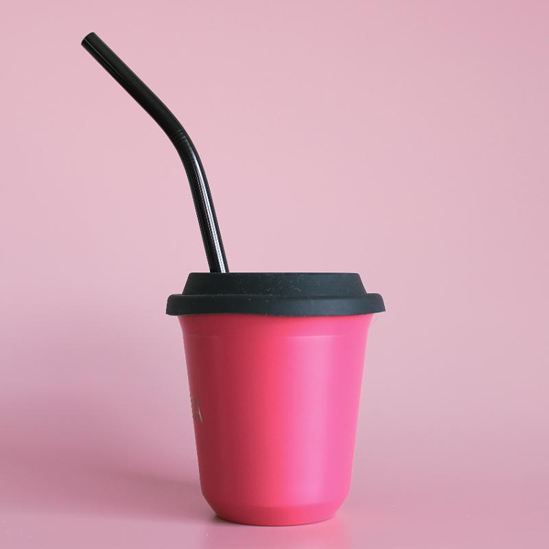 BIBITA | Large Double Wall Stainless Steel Reusable Cup | Watermelon Pink | Straw Lid (Black) & Straws in 240ml