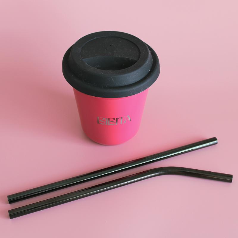 BIBITA | Large Double Wall Stainless Steel Reusable Cup | Watermelon Pink | Straw Lid (Black) & Black Straws in 240ml