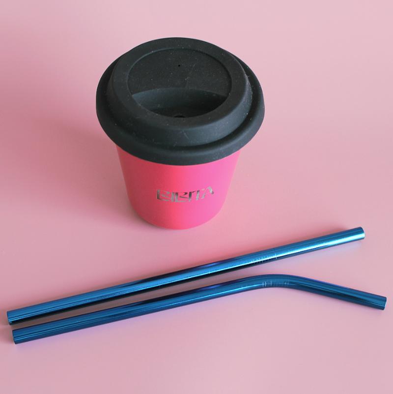 BIBITA | Large Double Wall Stainless Steel Reusable Cup | Watermelon Pink | Straw Lid (Black) & Blue Straws in 240ml