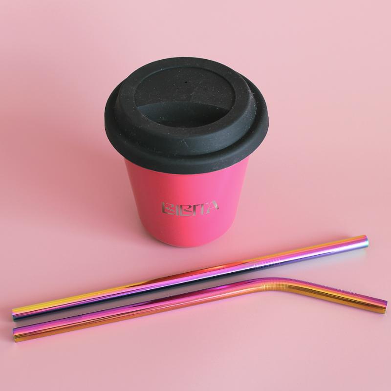 BIBITA | Large Double Wall Stainless Steel Reusable Cup | Watermelon Pink | Straw Lid (Black) & Rainbow Straws in 240ml