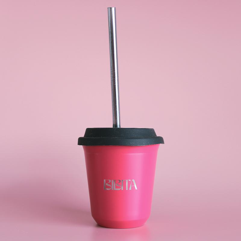 BIBITA | Large Double Wall Stainless Steel Reusable Cup | Watermelon Pink | Straw Lid (Black) & Straws in 240ml