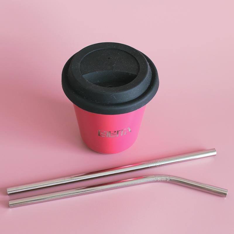 BIBITA | Large Double Wall Stainless Steel Reusable Cup | Watermelon Pink | Straw Lid (Black) & Silver Straws in 240ml