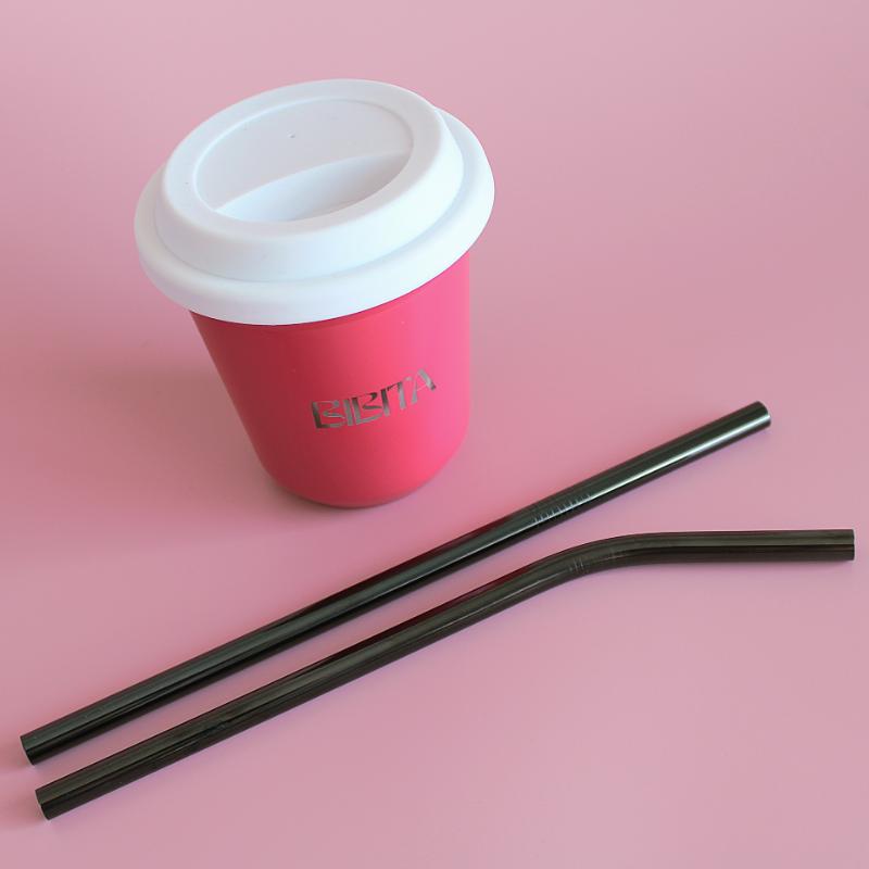 BIBITA | Large Double Wall Stainless Steel Reusable Cup | Watermelon Pink | Straw Lid (White) & Black Straws in 240ml