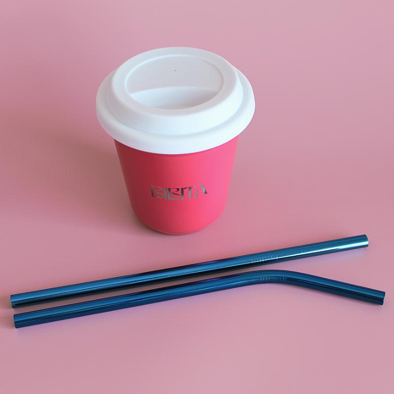 BIBITA | Large Double Wall Stainless Steel Reusable Cup | Watermelon Pink | Straw Lid (White) & Blue Straws in 240ml