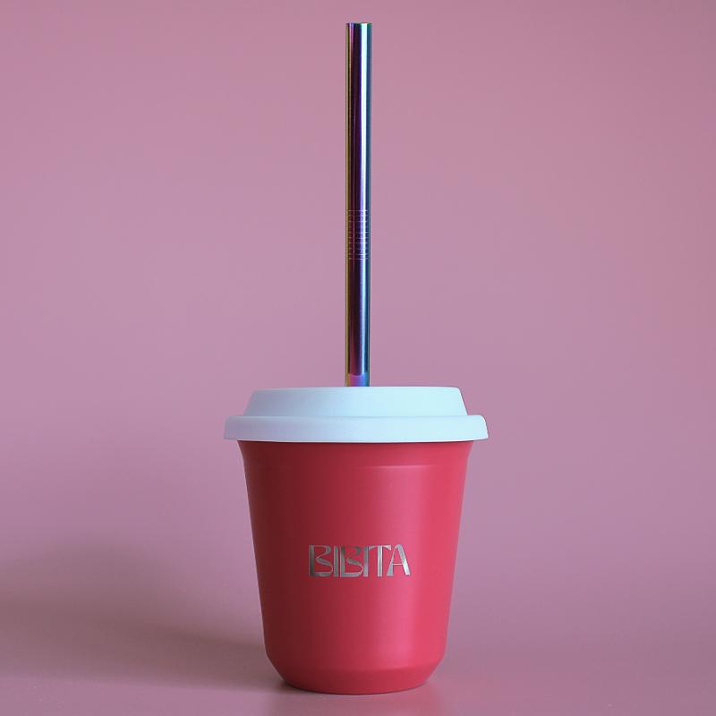 BIBITA | Large Double Wall Stainless Steel Reusable Cup | Watermelon Pink | Straw Lid (White) & Straws in 240ml