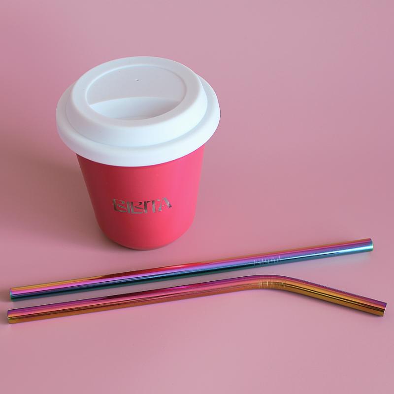 BIBITA | Large Double Wall Stainless Steel Reusable Cup | Watermelon Pink | Straw Lid (White) & Rainbow Straws in 240ml