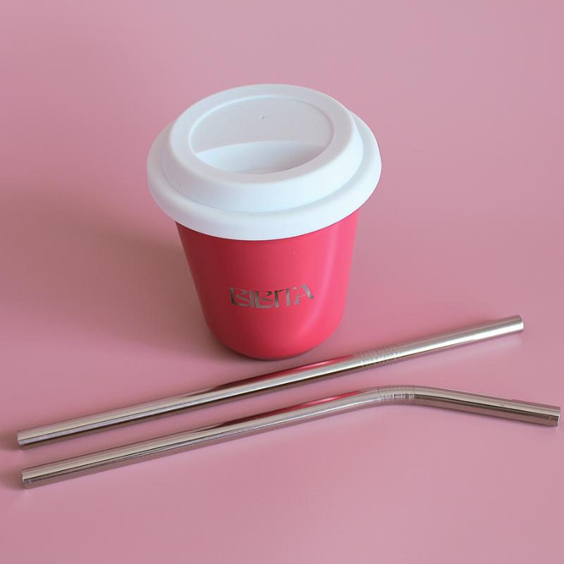 BIBITA | Large Double Wall Stainless Steel Reusable Cup | Watermelon Pink | Straw Lid (White) & Steel Straws in 240ml