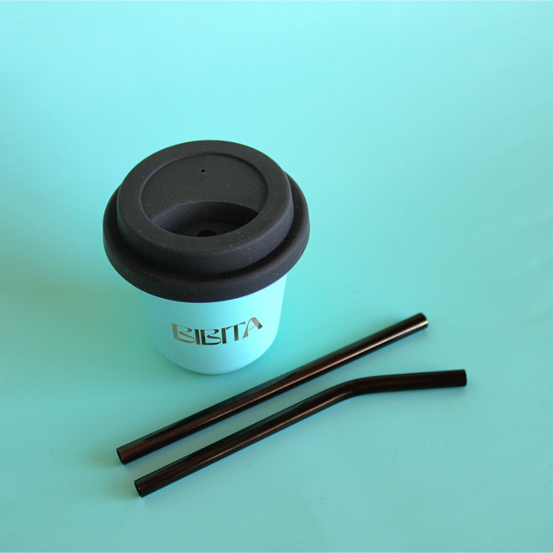 BIBITA Small Cup (80ml) | Aqua | Straw Lid (Black) & Black Straws