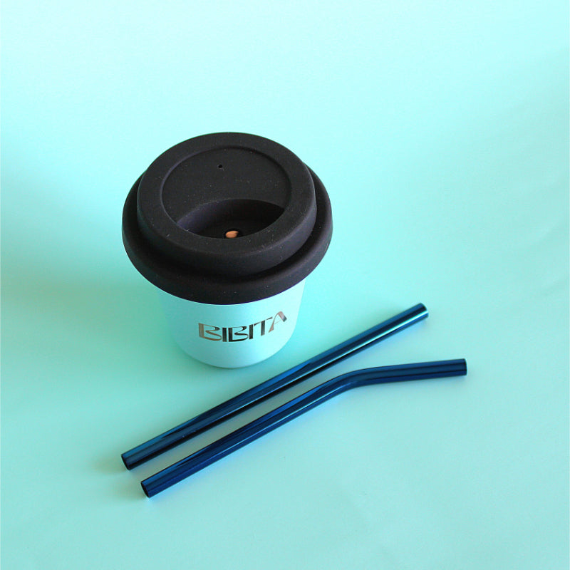 BIBITA Small Cup (80ml) | Aqua | Straw Lid (Black) & Blue Straws