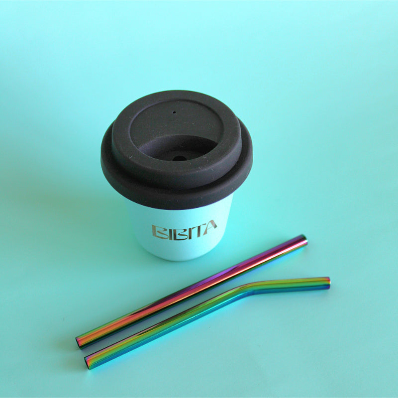 BIBITA Small Cup (80ml) | Aqua | Straw Lid (Black) & Rainbow Straws