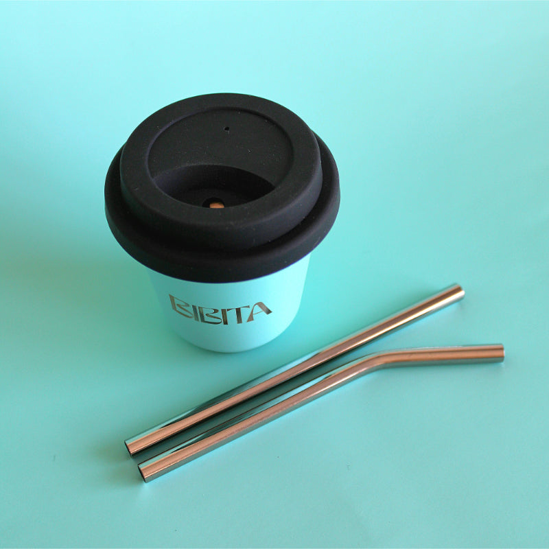 BIBITA Small Cup (80ml) | Aqua | Straw Lid (Black) & Silver Straws