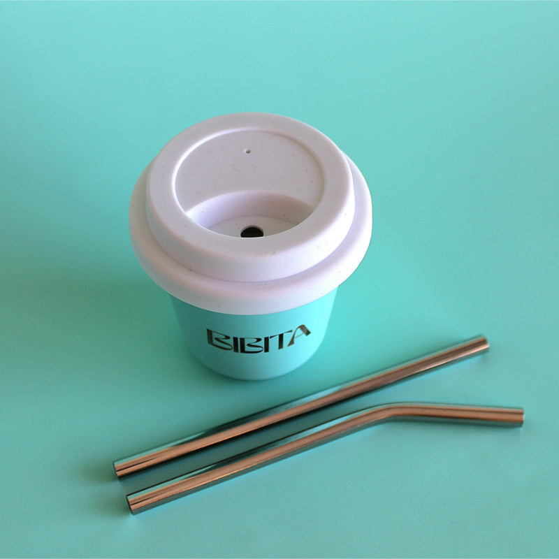 BIBITA Small Cup (80ml) | Aqua | Straw Lid (White) & Silver Straws