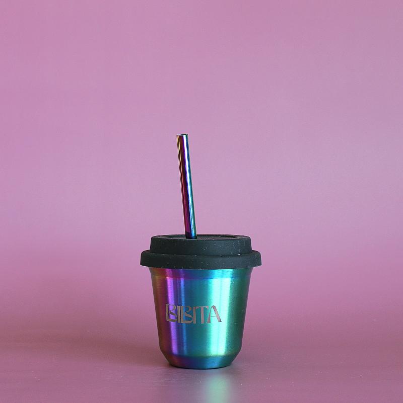 BIBITA | Small Double Wall Stainless Steel Reusable Cup | Rainbow | Straw (Black) Lid & Straws