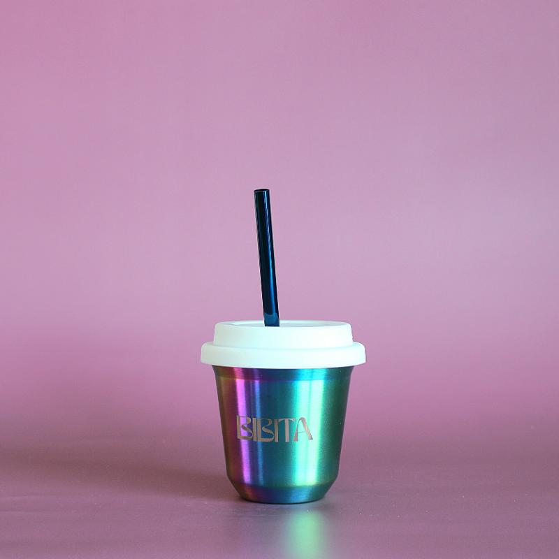 BIBITA | Small Double Wall Stainless Steel Reusable Cup | Rainbow | Straw Lid (White) & Straws