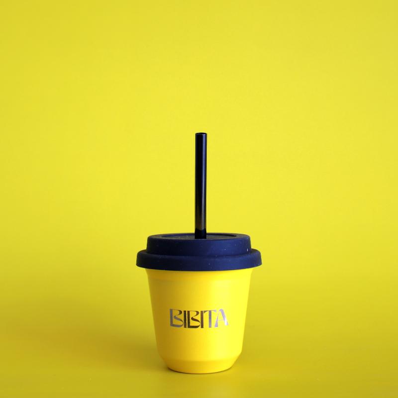 BIBITA | Small Double Wall Stainless Steel Reusable Cup | Sunshine Yellow | Straw Lid & Straws