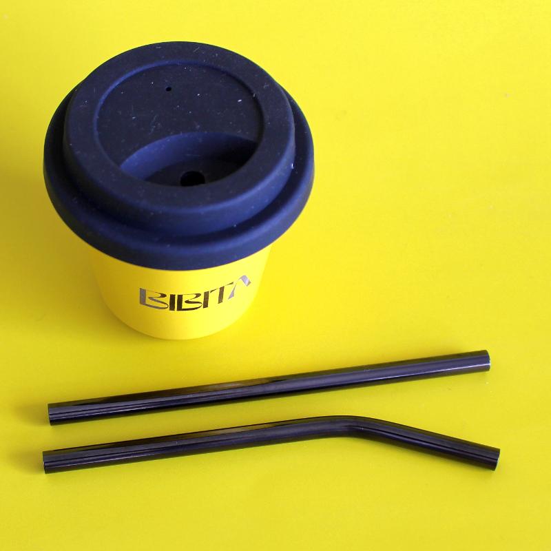 BIBITA | Small Double Wall Stainless Steel Reusable Cup | Sunshine Yellow | Straw Lid & Black Straws