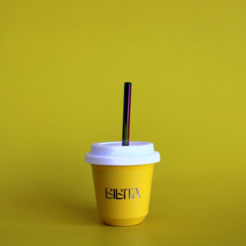 BIBITA | Small Double Wall Stainless Steel Reusable Cup | Sunshine Yellow | Straw Lid (White ) & Straws