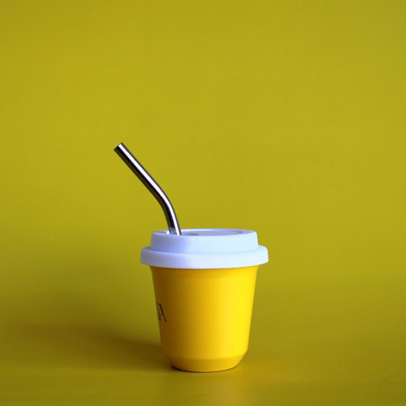 BIBITA | Small Double Wall Stainless Steel Reusable Cup | Sunshine Yellow | Straw Lid (White ) & Straws