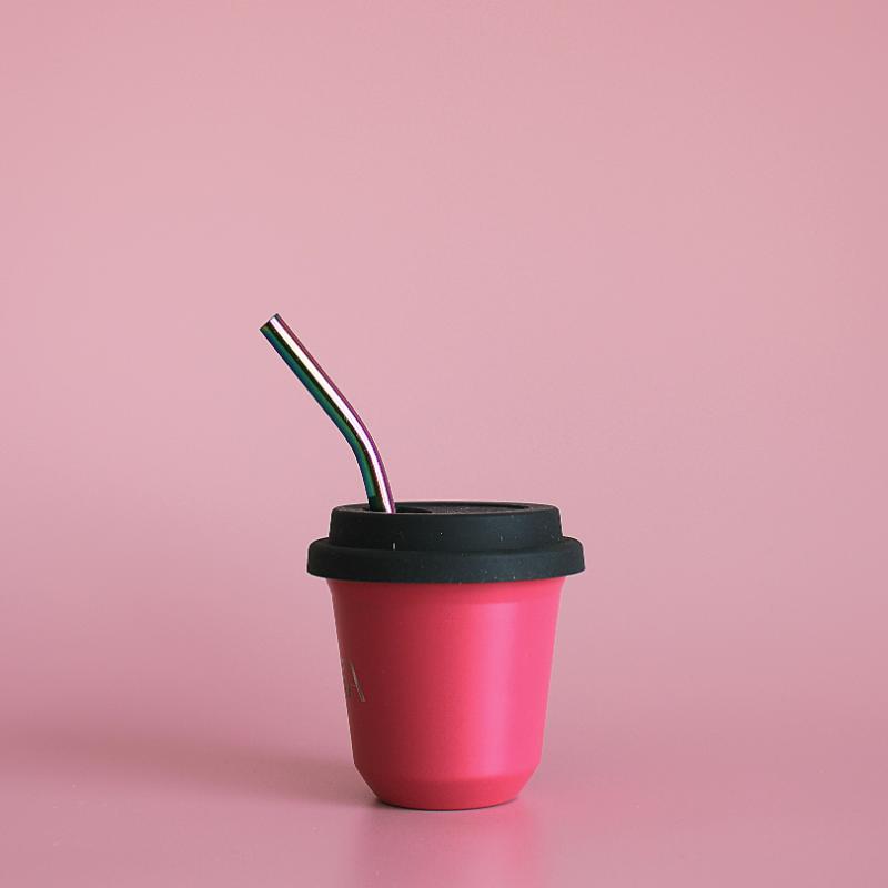 BIBITA | Small Double Wall Stainless Steel Reusable Cup | Straw Lid (Black)  & Straws | Watermelon Pink