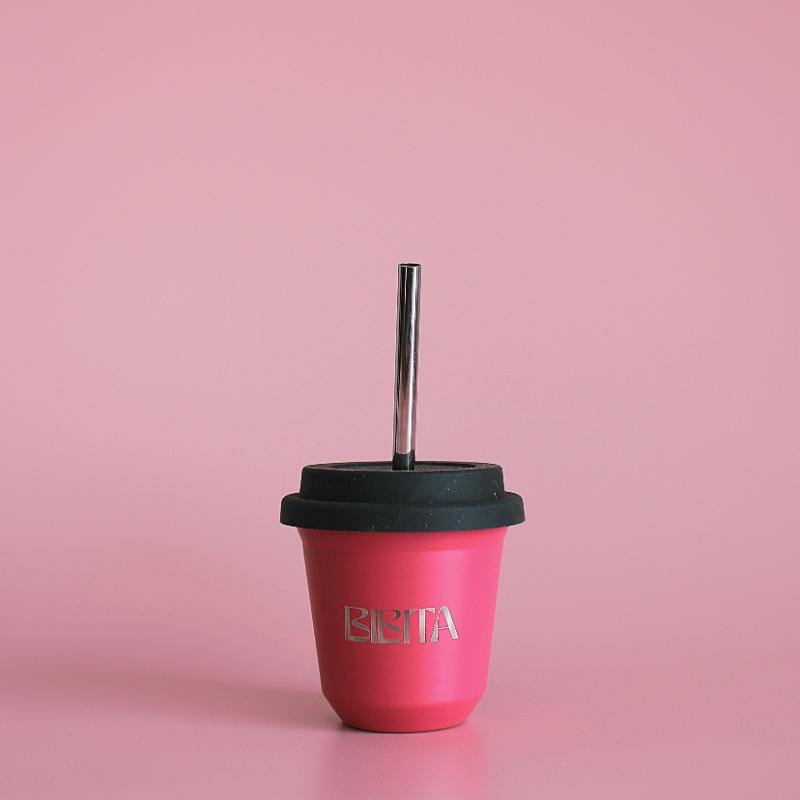 BIBITA | Small Double Wall Stainless Steel Reusable Cup | Straw Lid (Black)  & Straws | Watermelon Pink