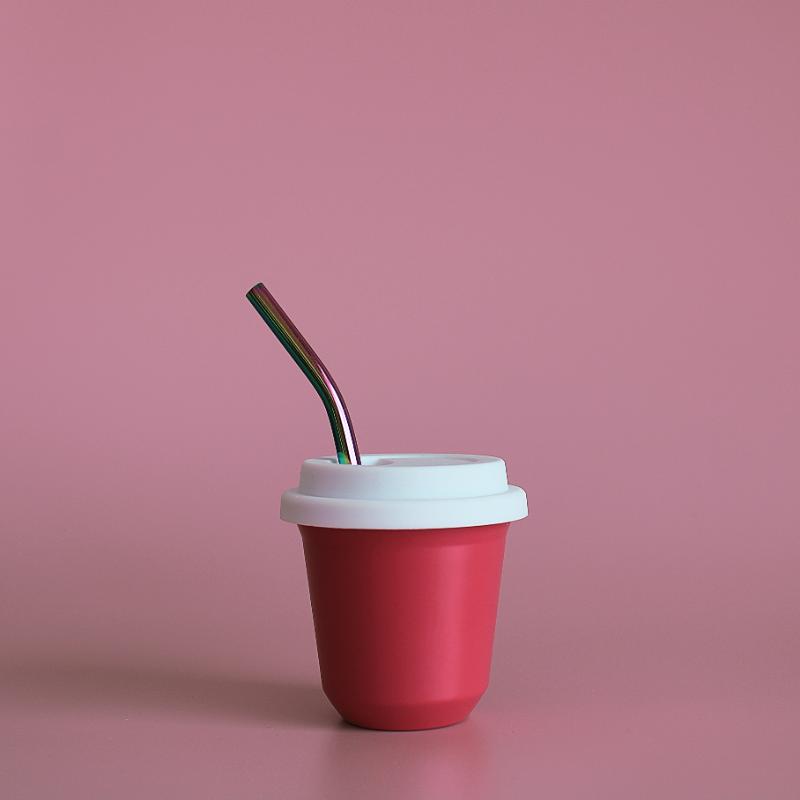 BIBITA | Small Double Wall Stainless Steel Reusable Cup | Straw Lid (White) & Straws | Watermelon Pink