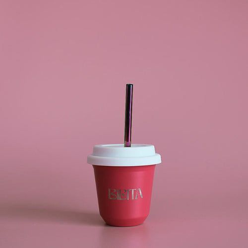 BIBITA | Small Double Wall Stainless Steel Reusable Cup | Straw Lid (White) & Straws | Watermelon Pink