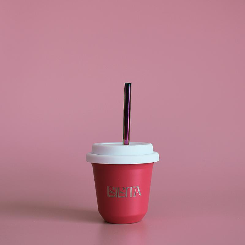 BIBITA | Small Double Wall Stainless Steel Reusable Cup | Straw Lid (White) & Straws | Watermelon Pink