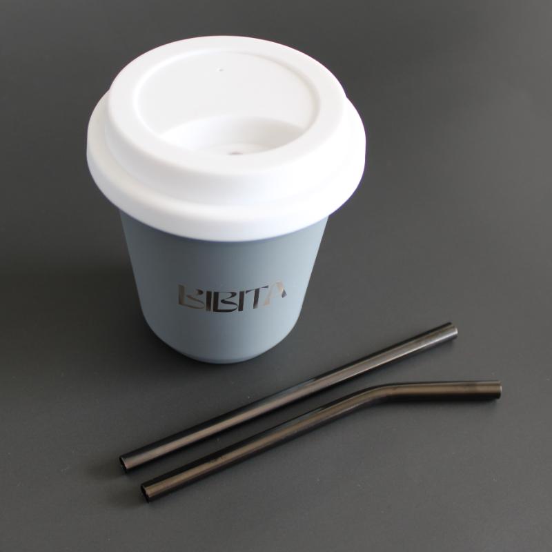 BIBITA | Medium Double Wall Reusable Stainless Steel Cup | Cloud Grey | Straw Lid (White) & Black Straws