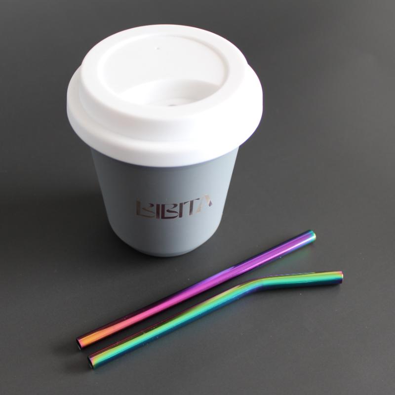 BIBITA | Medium Double Wall Reusable Stainless Steel Cup | Cloud Grey | Straw Lid (White) & Rainbow Straws