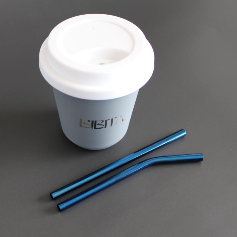 BIBITA | Medium Double Wall Reusable Stainless Steel Cup | Cloud Grey | Straw Lid (White) & Blue Straws