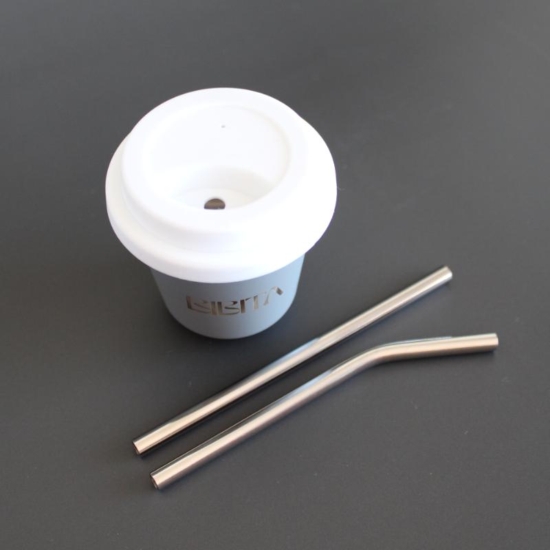 BIBITA | Medium Double Wall Reusable Stainless Steel Cup | Cloud Grey | Straw Lid (White) & Silver Straws