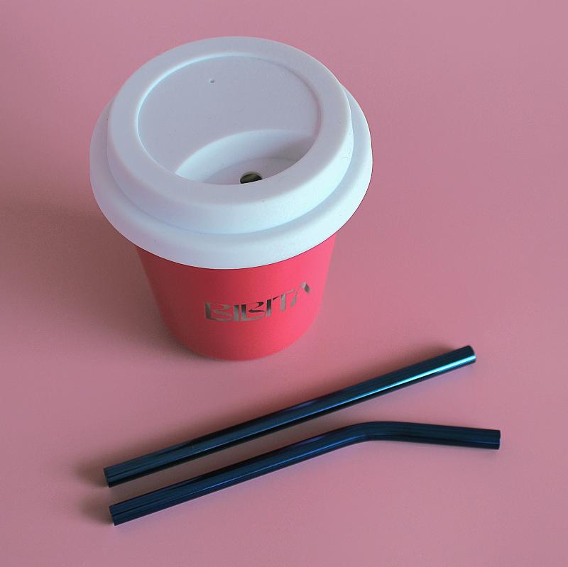 BIBITA | Medium Double Wall Stainless Steel Reusable Cup | Watermelon Pink | Straw Lid (White) & Blue Straws