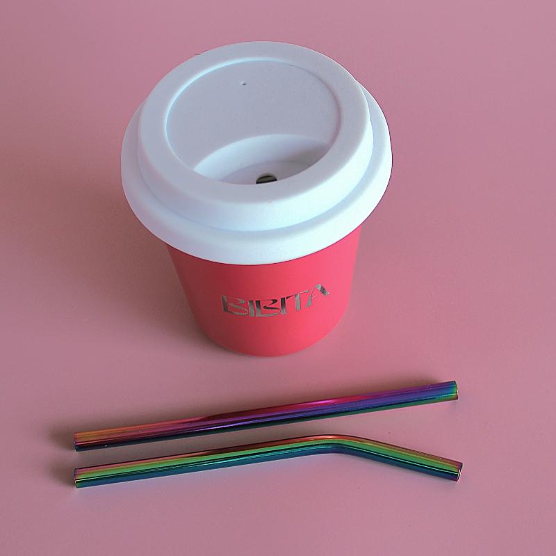 BIBITA | Medium Double Wall Stainless Steel Reusable Cup | Watermelon Pink | Straw Lid (White) & Rainbow Straws