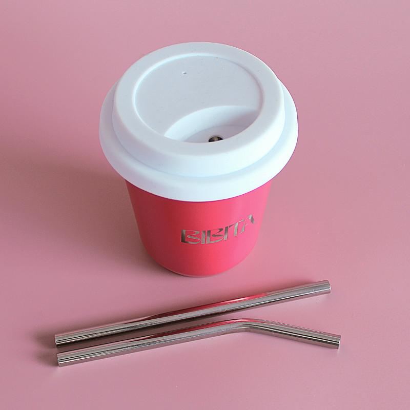 BIBITA | Medium Double Wall Stainless Steel Reusable Cup | Watermelon Pink | Straw Lid (White) & Silver Straws
