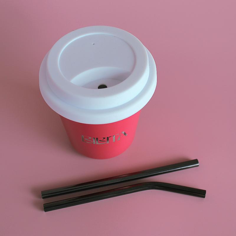 BIBITA | Medium Double Wall Stainless Steel Reusable Cup | Watermelon Pink | Straw Lid (White) & Black Straws