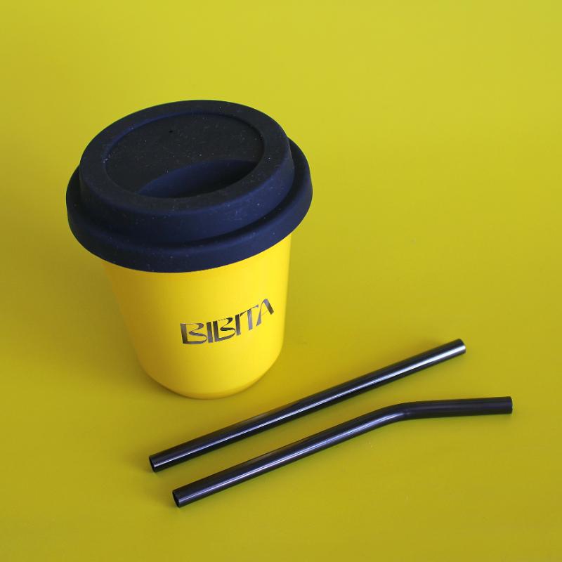 BIBITA | Medium Double Wall Stainless Steel Reusable Cup | Sunshine Yellow | Straw Lid (Black) & Black Straws