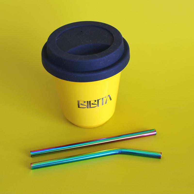BIBITA | Medium Double Wall Stainless Steel Reusable Cup | Sunshine Yellow | Straw Lid (Black) &  Rainbow Straws