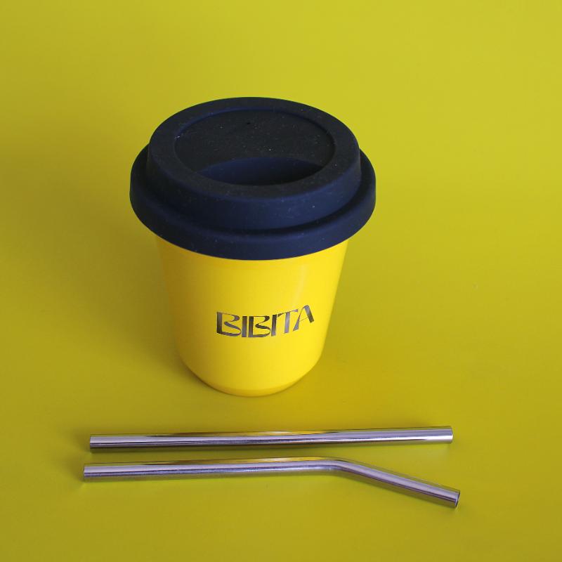 BIBITA | Medium Double Wall Stainless Steel Reusable Cup | Sunshine Yellow | Straw Lid (Black) & Silver Straws