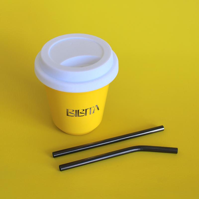 BIBITA | Medium Double Wall Stainless Steel Reusable Cup | Sunshine Yellow | Straw Lid (Black) & Black Straws